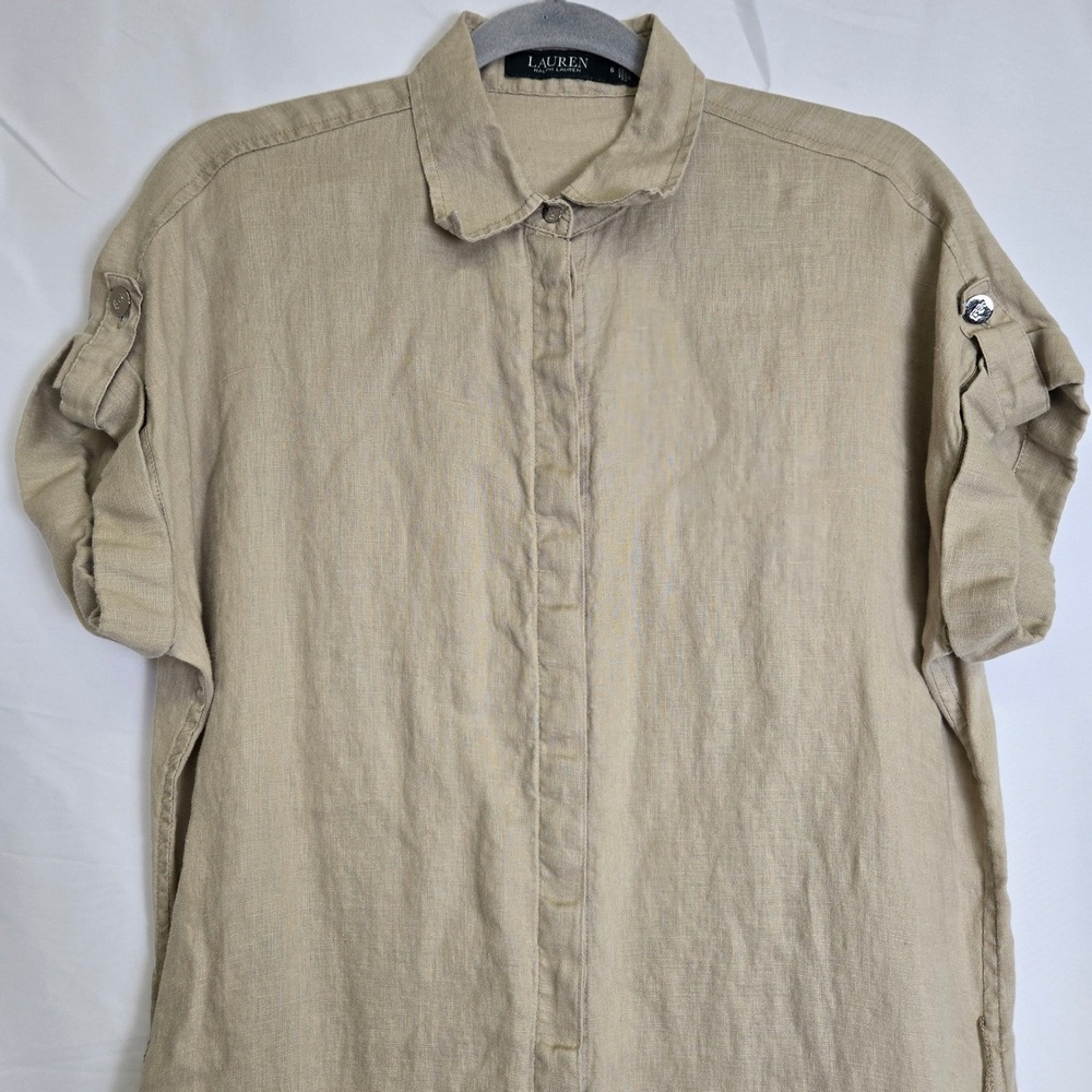 Lauren Ralph Lauren 100% Linen Short Sleeve Shirt Dress, Coastal Preppy, Tan, 6 - Picture 7 of 13